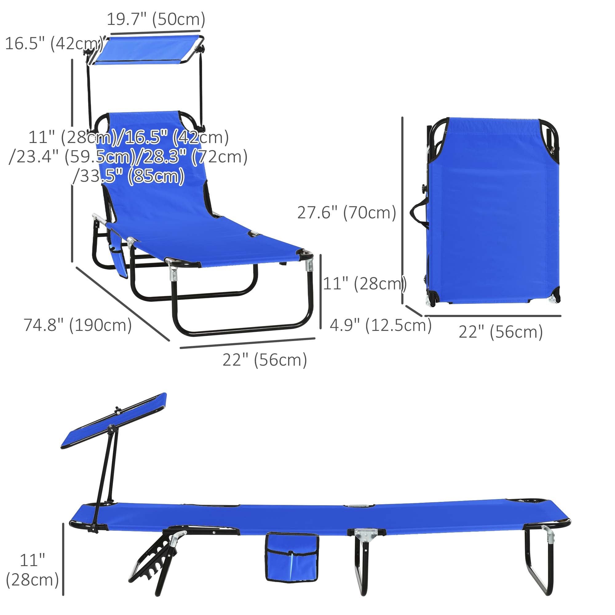 Outsunny 2 Piece Folding Outdoor Chaise Lounges, Pool, Sun, Tanning Chairs with Reclining Back, Sunshade for Beach, Patio, Blue 