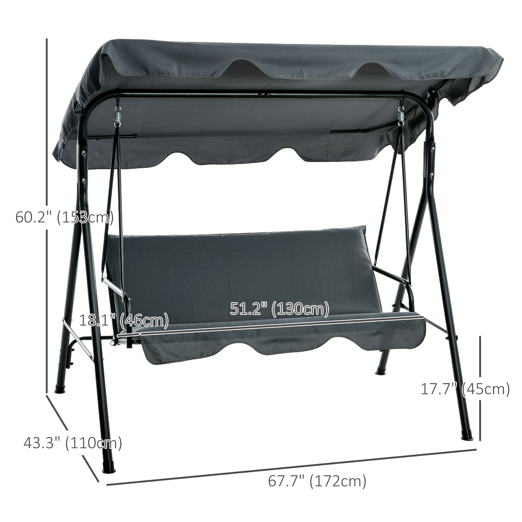Outsunny 3-Seater Outdoor Porch Swing with Adjustable Canopy, Patio Swing Chair for Garden, Poolside, Backyard, Grey 