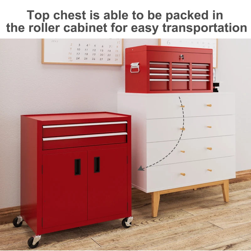 6-Drawer Rolling Tool Chest, 2 in 1 Lockable Storage Cabinet with Hooks, Metal Tool Box for Garage, Workshop, Red