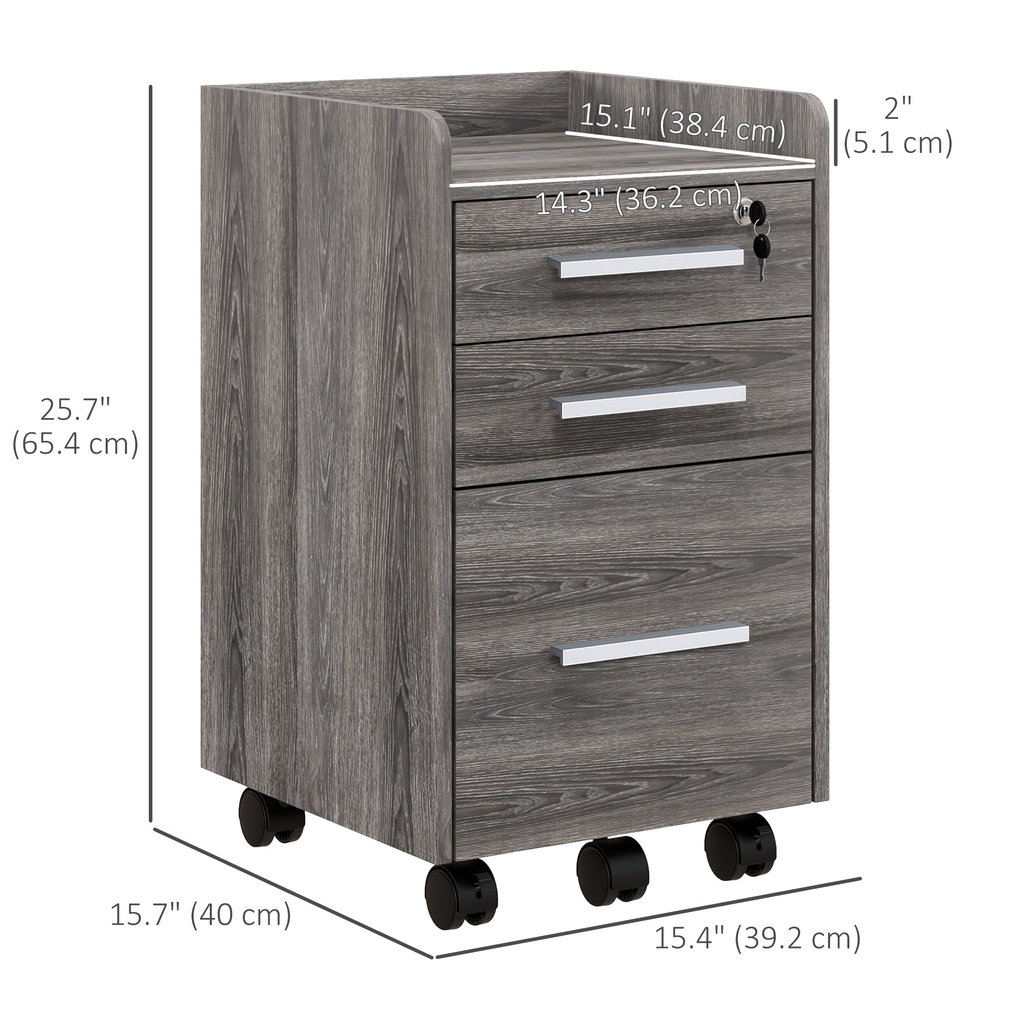 HOMCOM 3 Drawer Vertical Mobile Filing Cabinet with Lock and Wheels for A4 Letter Size Grey 