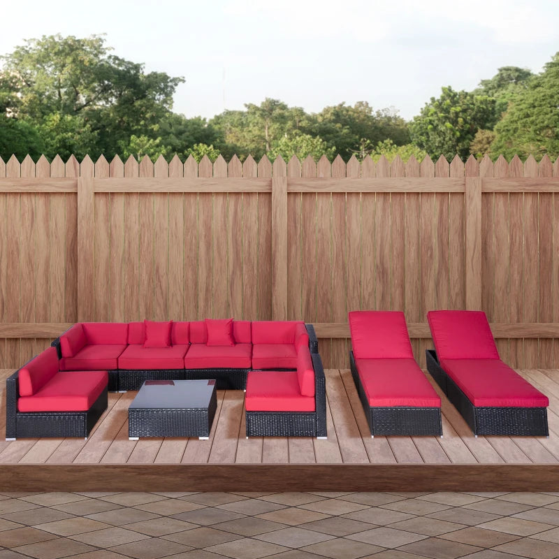 Outsunny 9 Pieces Wicker Patio Furniture Set with Cushion, PE Rattan Outdoor Conversation Set Sectional Sofa Set with 2 Loungers and Glass Tabletop, Aluminum Frame, Coffee & Red