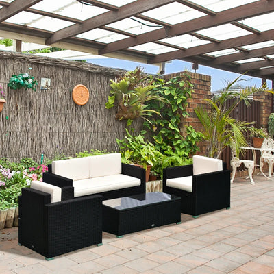 Outsunny 4 Pieces Sectional Patio Furniture Set, Rattan Wicker Patio Chairs Outdoor Coffee Set with Cushions, Cream White 