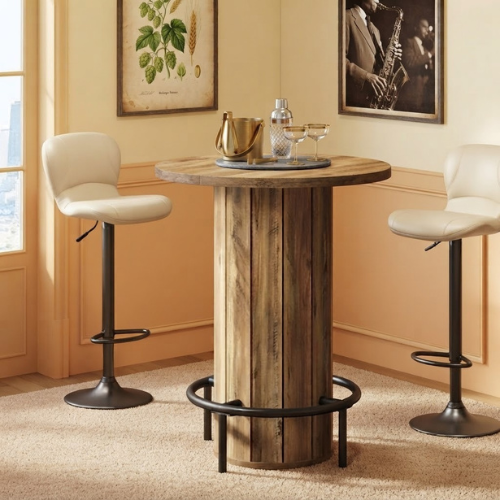 31.5" Round Bar Table with Footrest, Farmhouse Bistro Pub Table with Fence-Style Base & Rustic Brown Wood Finish