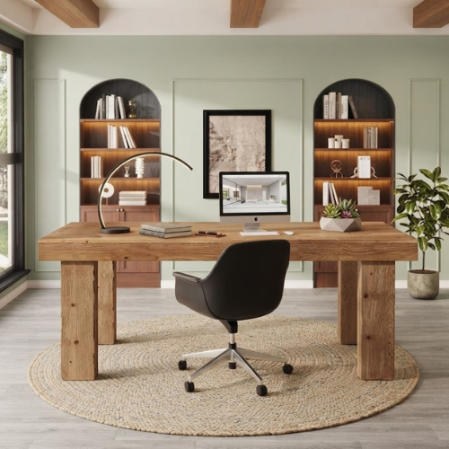 63" Solid Wood Executive Desk Heavy Duty Computer Office Desk with Thick 3.74" Tabletop and Sturdy Wooden Legs for Home Office Light Brown