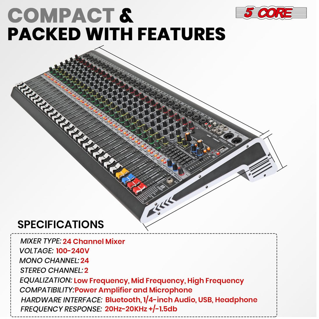 5 Core Audio Mixer 24 Channel DJ Sound Board w Bluetooth USB PC Recording PA Analog Mixing Interface