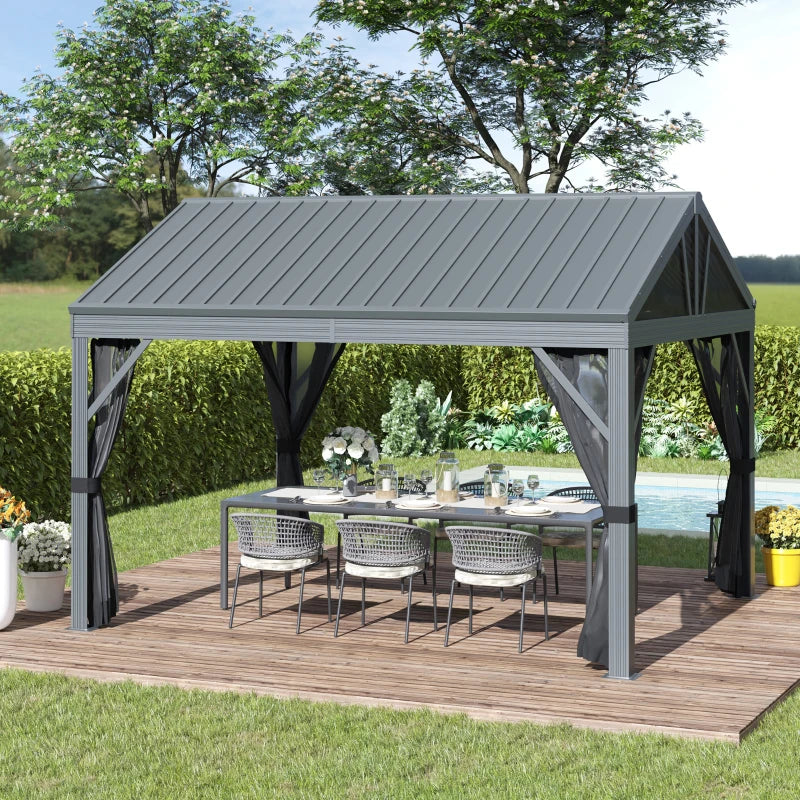 Outsunny 12' x 10' Hardtop Gazebo Steel Canopy Outdoor Pergola with Netting and Aluminum Frame for Patios, Gardens, Lawns, Dark Grey