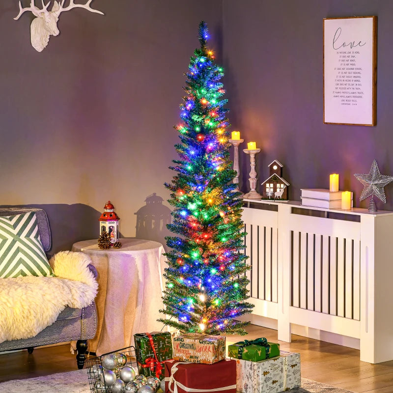 HOMCOM 6ft Artificial Pencil Christmas Tree – Colourful LED Lights, Steel Base, Slim Shape Holiday Decoration 