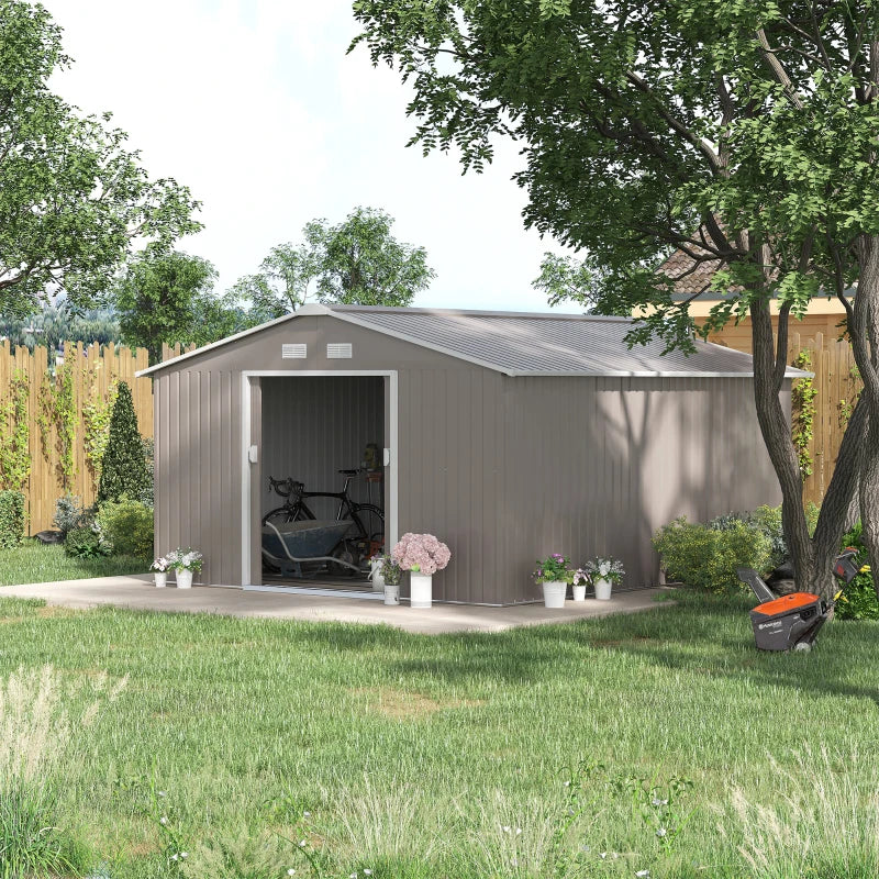 Outsunny 11' x 13' Practical Backyard Garden Storage Tool Shed Double Sliding Door 4 Ventilation Slots, Light Grey 