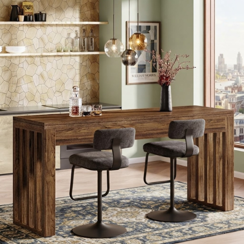 Bar Table 63" Farmhouse Counter Height Pub Dining Table for Bistro with Thick Tabletop and Slatted Base Design Rustic Brown