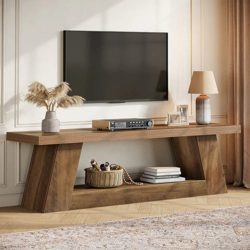 63" Farmhouse TV Stand for Up to 75" TVs, Media Console Table with 2-Tier Storage Shelves Rustic Brown