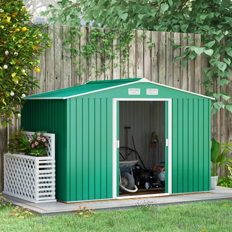 Outsunny 9.1' x 6.4' x 6.3' Garden Storage Shed w/Foundation Kit Outdoor Patio Yard Metal Tool Storage House w/ Double Doors Green