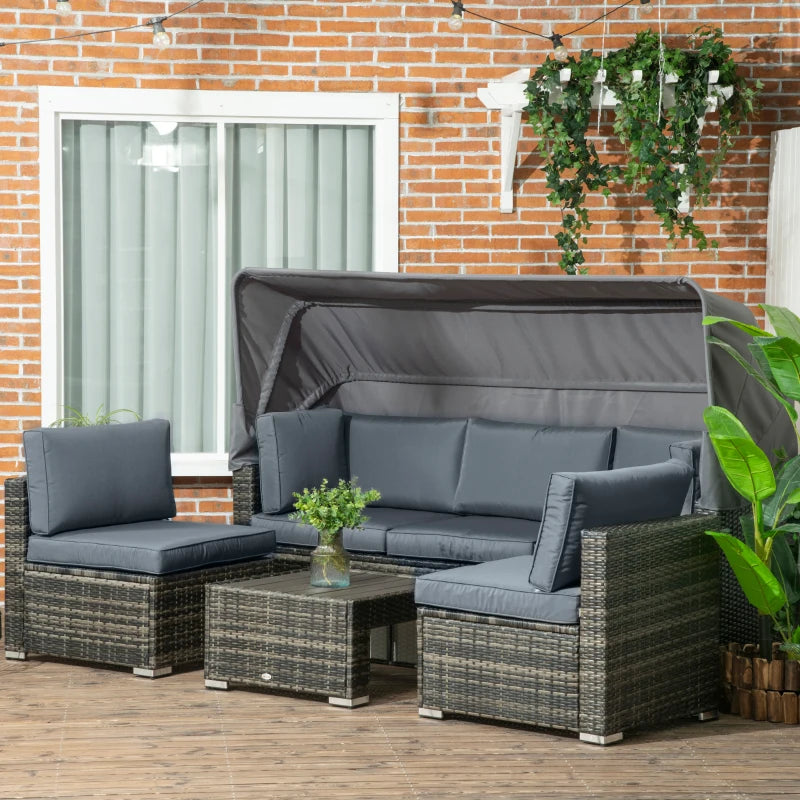 Outsunny 4 Pieces Patio Furniture Set, Rattan Wicker Outdoor Sectional Sofa with Retractable Canopy, Cushions, 3-Seater Sofa for Backyard, Garden, Gray