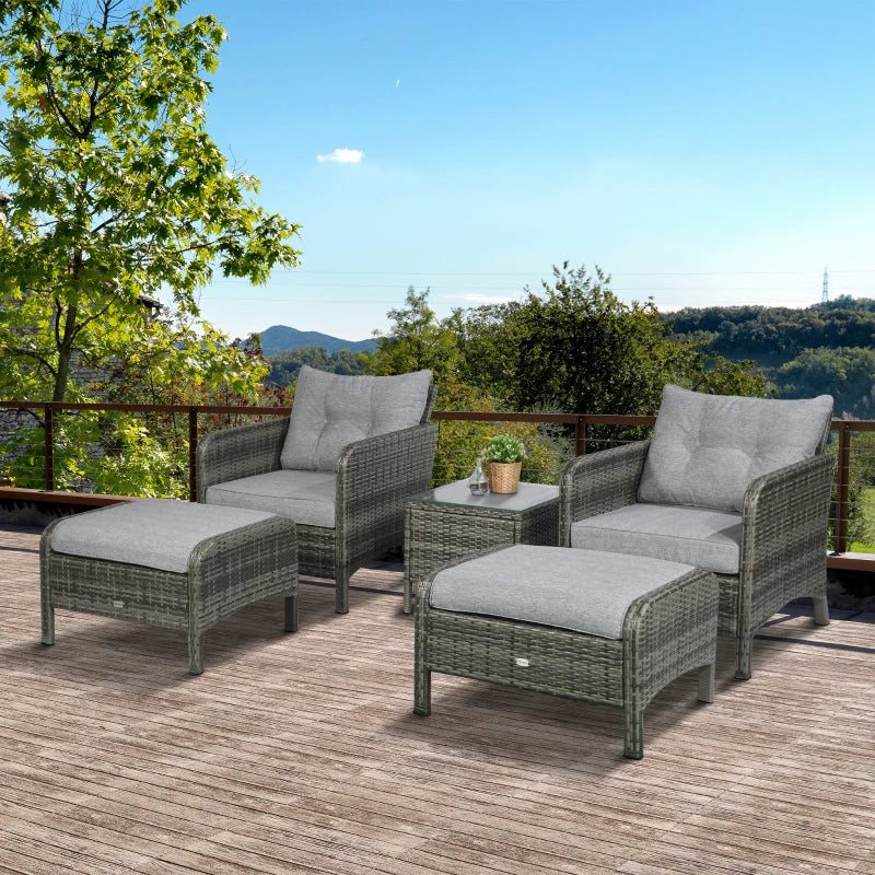 Outsunny 5 Pieces Wicker Patio Furniture Sofa Set Thick Padded Cushions, Outdoor PE Rattan Conversation Coffee Set with Armchairs, Footstools and Glass Top Table, Light Grey