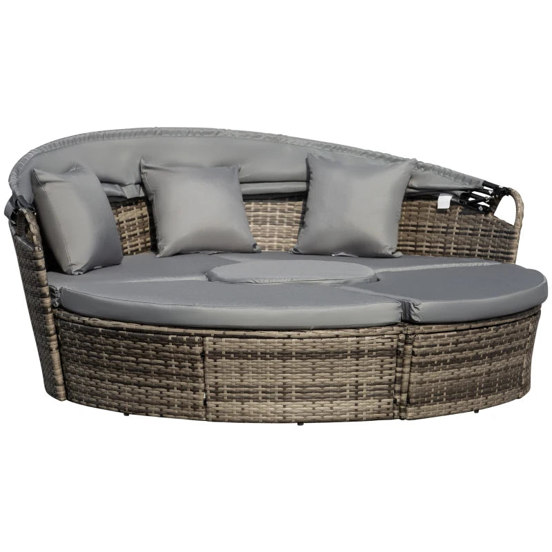 Outsunny 4 Pieces Outdoor Daybed with Retractable Canopy, PE Rattan Wicker Round Sofa Day Bed, Patio Sectional Conversation Furniture Set with Cushions and Pillows, Grey 