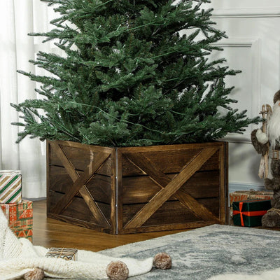 HOMCOM 28" Farmhouse Wooden Christmas Tree Base Cover – Rustic Tree Collar Box with Light Distressed Wood Finish for Holiday Decoration 