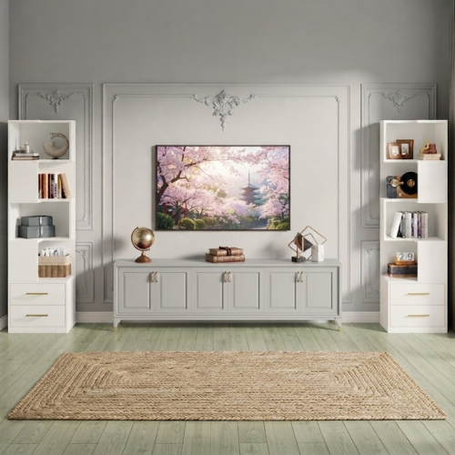 Corner Bookcase 66.9" L-Shaped Bookshelf 5-Tier Shelf with 2 Drawers White