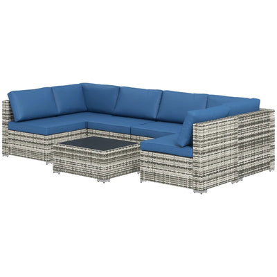 Outsunny 7pc Garden Wicker Sectional Set w/ Tea Table Patio Rattan Lounge Sofa Outdoor Deck Furniture Blue 