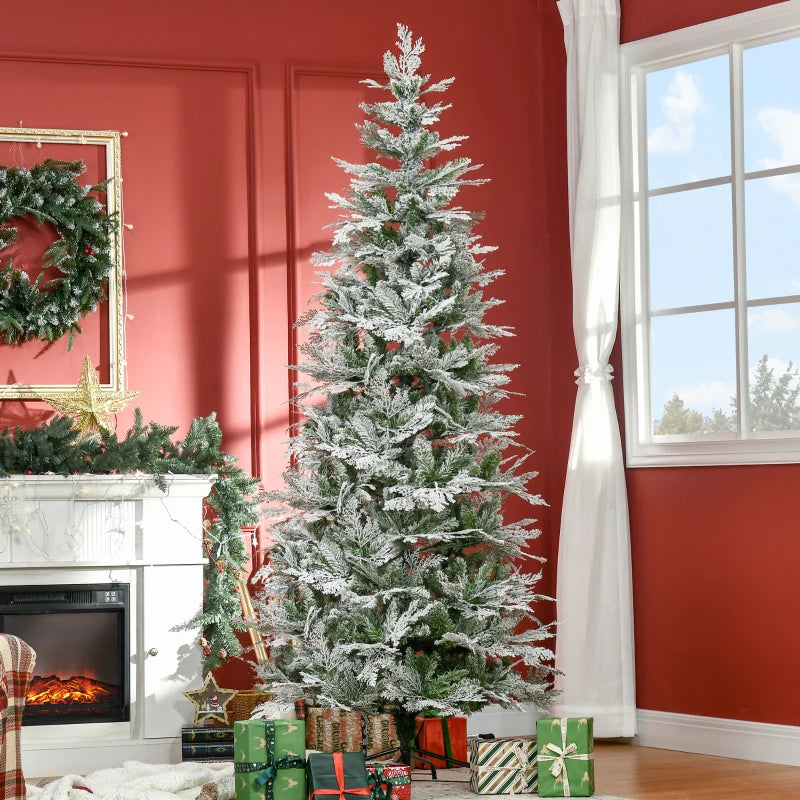 HOMCOM 7.5ft Pencil Snow-Flocked Artificial Christmas Tree – 880 Realistic Cypress Branches, Auto Open, Green 