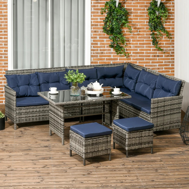 Outsunny 6pcs Outdoor Rattan Sofa Set Garden Wicker Sectional Couch Furniture Set with Dining Table and Chair Sky Blue