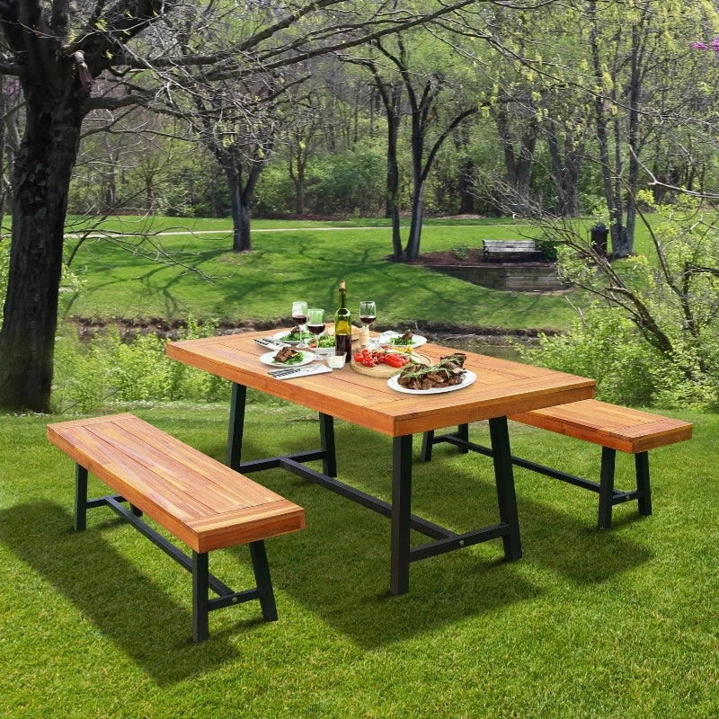 Outsunny 71'' Outdoor Picnic Table and Bench Set, Rustic Acacia Wood Beer Table Set for Patio, Backyard, Poolside, Natural Red Wood