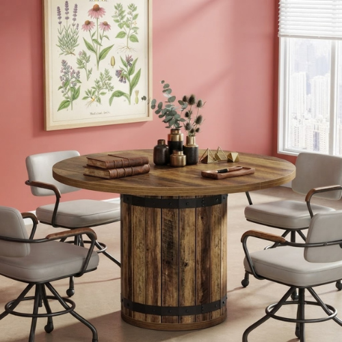 39.37" Round Conference Table Farmhouse Meeting Room Table for 4 with Pedestal Base MDF Wooden Office Dining Table Rustic Brown