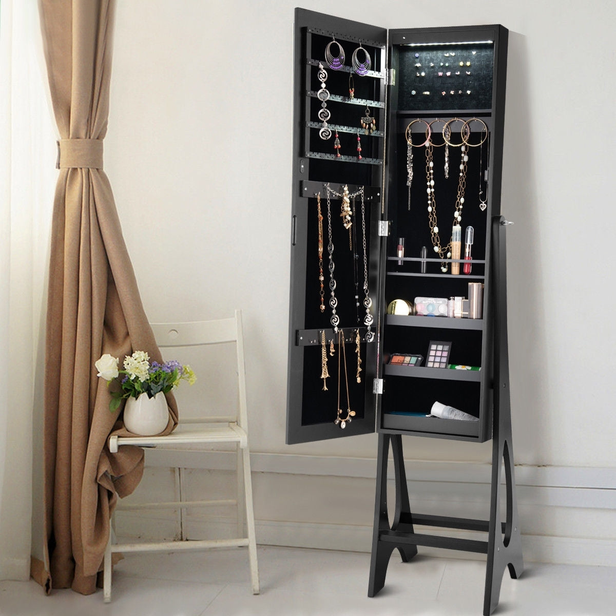 Standing Mirror Jewelry Cabinet-Black