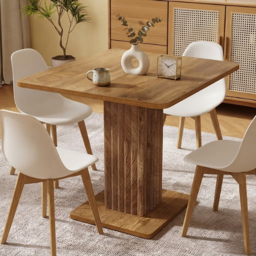 Dining Table 35.43" x 31.5" Farmhouse Kitchen Table for 2-4 People with Fluted Pedestal Base and Thick Tabletop Rustic Wood