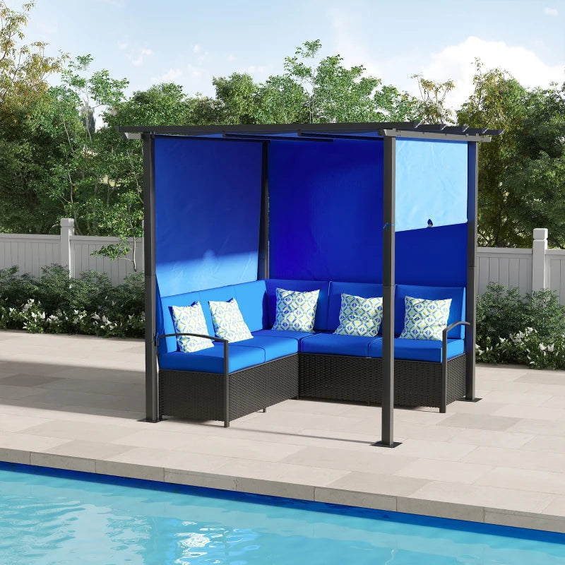 Outsunny Wicker Patio Furniture, Outdoor PE Rattan Sofa Set with Retractable Canopy Pergola, Shade Shelter for Deck, Pool, Garden, Terrace, Blue