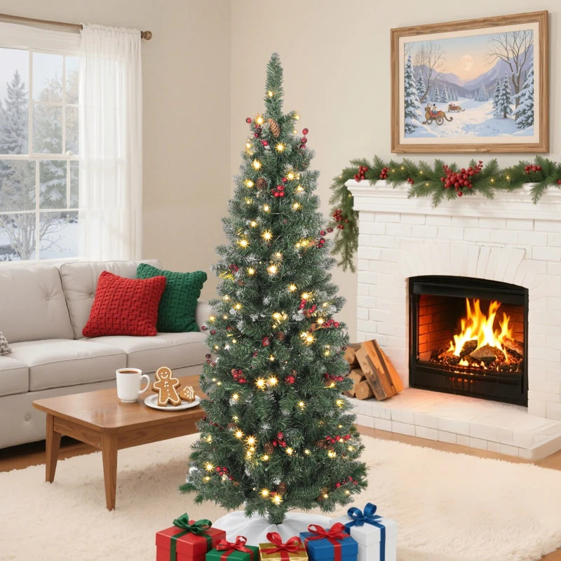 HOMCOM 5FT Prelit Pencil Christmas Tree with LED Lights, Slim Silver Glitter Xmas Tree with Dense Branches & 8 Lighting Modes 