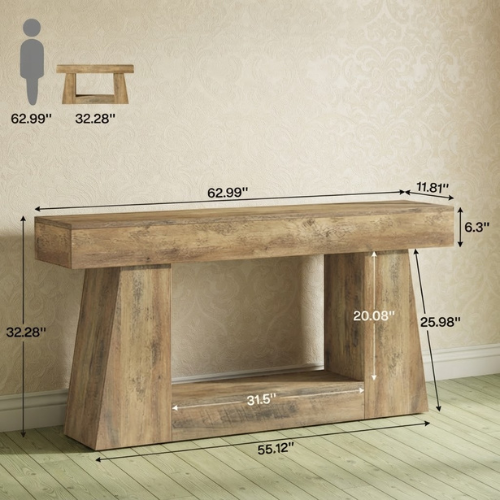 63" Farmhouse Console Table, Wooden Sofa Table with 2-Tier Storage Shelves, Narrow Hallway Entryway Table