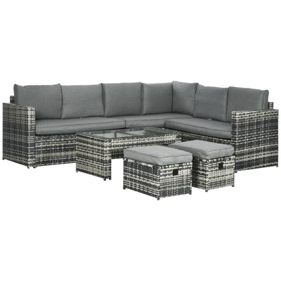 Outsunny 6 Piece Rattan Garden Furniture Set, 8-Seater Outdoor Sofa Sectional with 3 Loveseat Wicker Sofa with Cushions, 2 Footstools and Glass Table for Yard, Poolside, Grey 