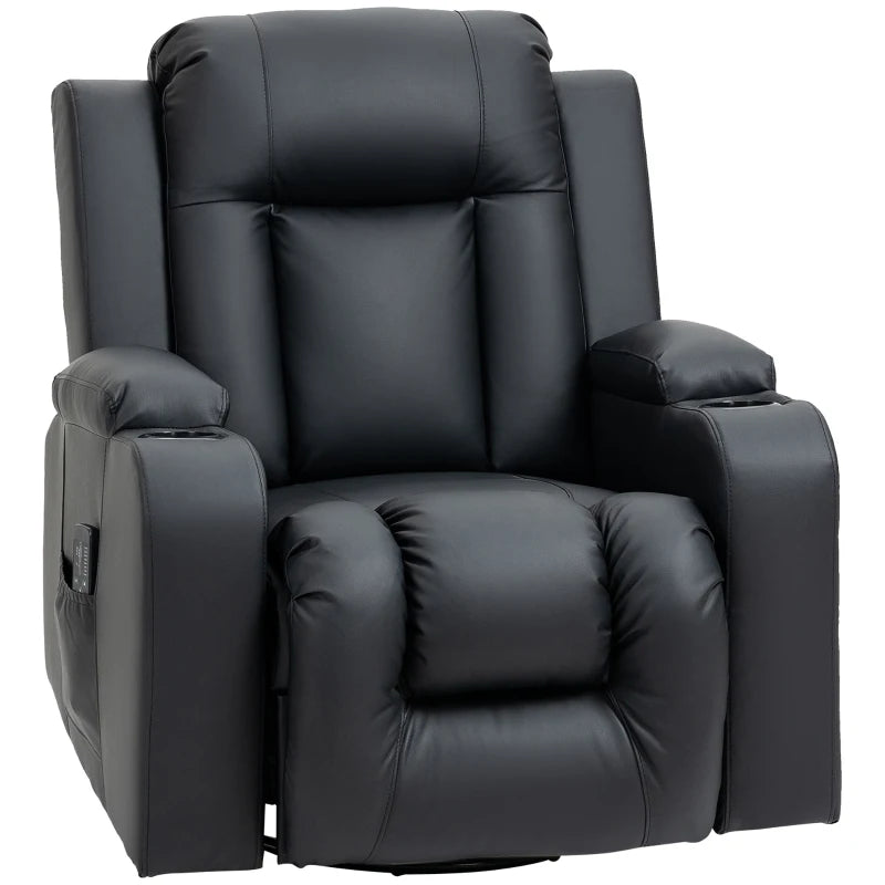 HOMCOM Massage Recliner Chair for Living Room with 8 Vibration Points, PU Leather Manual Reclining Chair with Cup Holders, Swivel Base, Rocking Function, Black