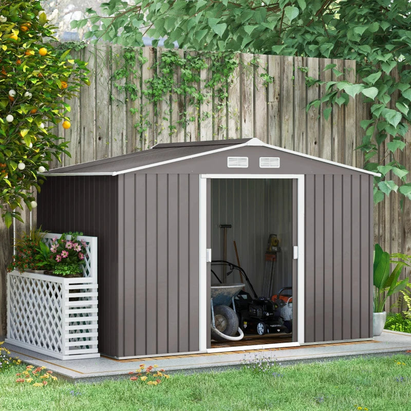 Outsunny 9.1' x 6.4' x 6.3 Garden Storage Shed w/Foundation Kit Outdoor Patio Yard Metal Tool Storage House w/ Double Doors Gray