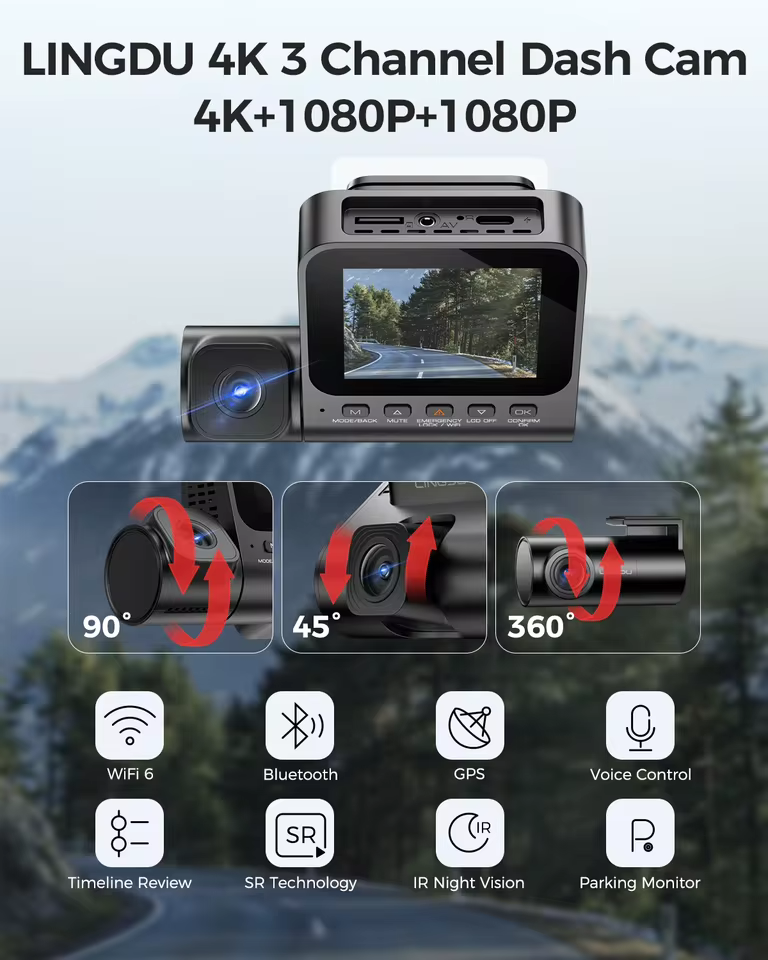 LINGDU 4K 3 Channel Wireless Dash Camera with Free 64GB Card,4K+1080P+1080P Front Inside and Rear Triple Car Camera,IR Night Vision, Voice Control,Build-in GPS 24H Parking Mode, Easy to Install（V630） 