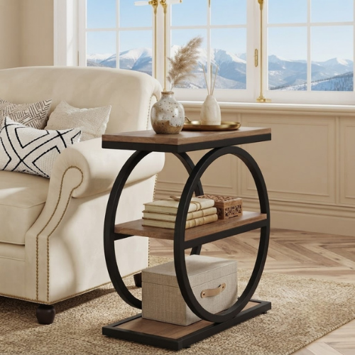 End Table 3-Tier Industrial Sofa Side Table with Round Metal Frame Storage Shelves for Living Room Bedroom Rustic Finish