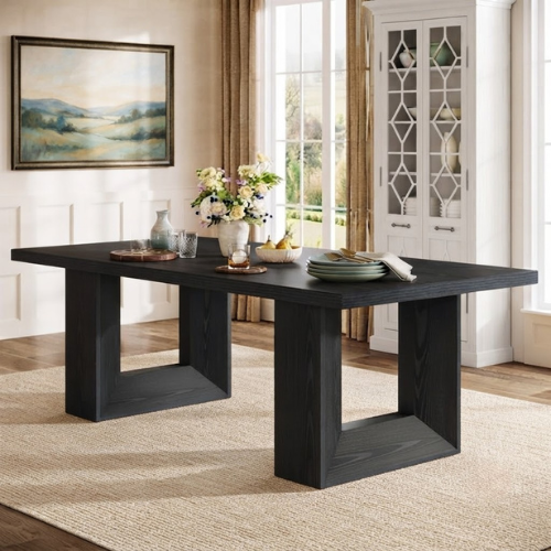 Dining Table 63" Rectangular Farmhouse Kitchen Table for 6-8 People with Geometric Legs Modern MDF Construction Black Finish for Dining Room