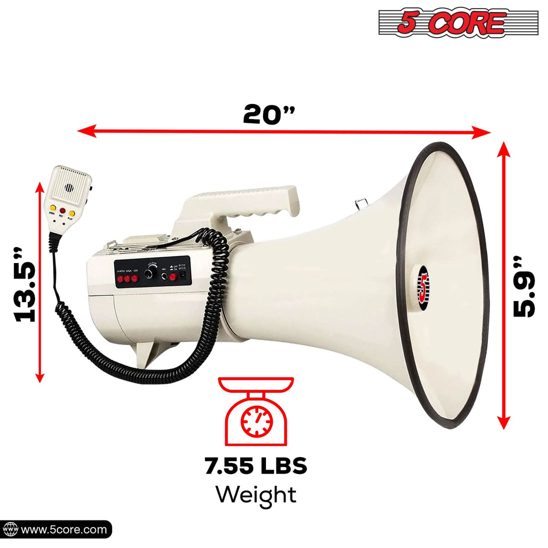 5Core Megaphone Bullhorn Speaker 100W Professional Bull Horn Battery Power Megafono 2000Yard Range 4501