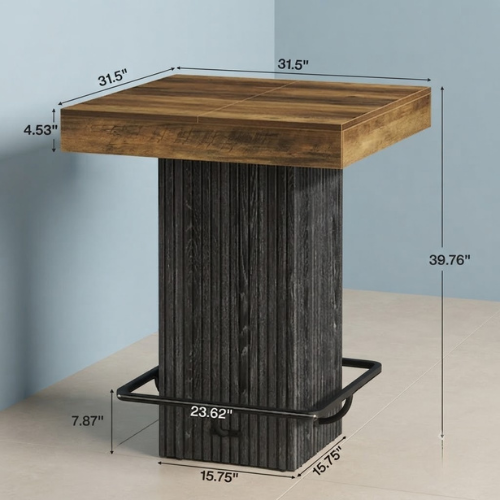 31.5" Square Bar Table Industrial Counter Height Dining Table with Metal Footrest Heavy Duty Pedestal Base Rustic Brown