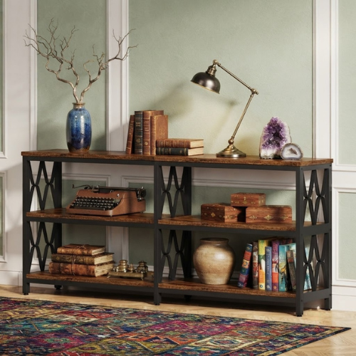 Console Table 70.9" 3-Tier Industrial Sofa Table with Storage Shelves Heavy Duty Metal Frame Rustic Brown for Living Room Entryway