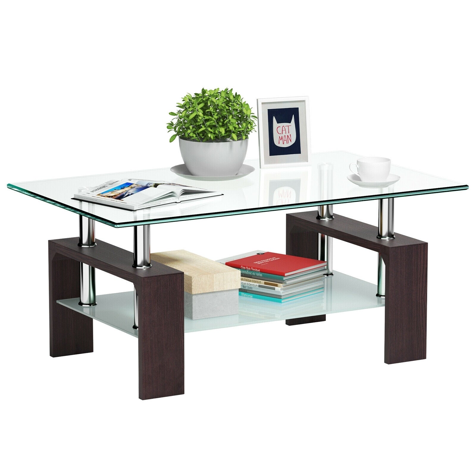 Rectangular Tempered Glass Coffee Table with Shelf-Brown