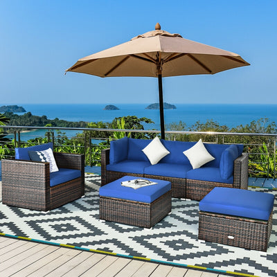 6 Pieces Patio Rattan Furniture Set with Sectional Cushion-BlueÂ 