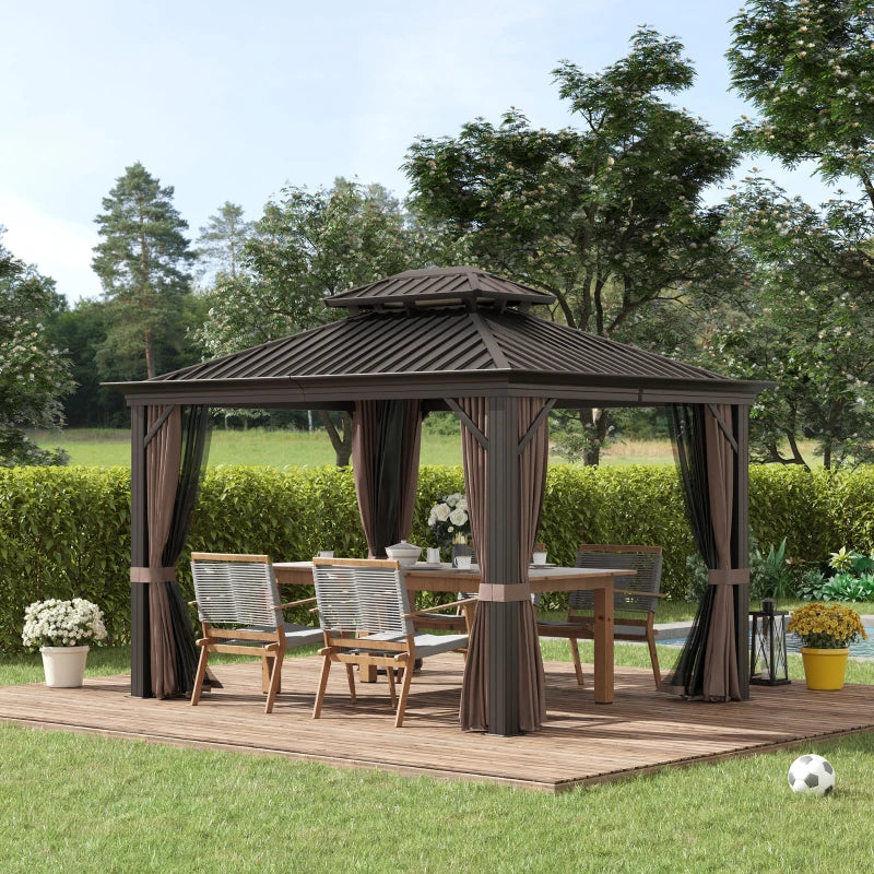 Outsunny 10' x 12' Outdoor Hardtop Gazebo with Galvanized Steel Canopy & Netting Sidewalls for Lawn, Backyard, Brown