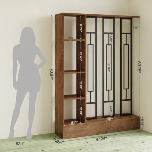 70.9" Freestanding Room Divider with Shelves, Modern Open-Shelf Wall Partition, 4-Tier Display Shelf for Living Room & Office