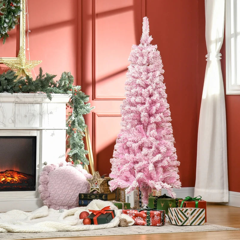 HOMCOM 5ft Snow-Flocked Artificial Christmas Tree – Slim Pencil Design, Realistic Branches, Auto Open, Steel Base, Pink 
