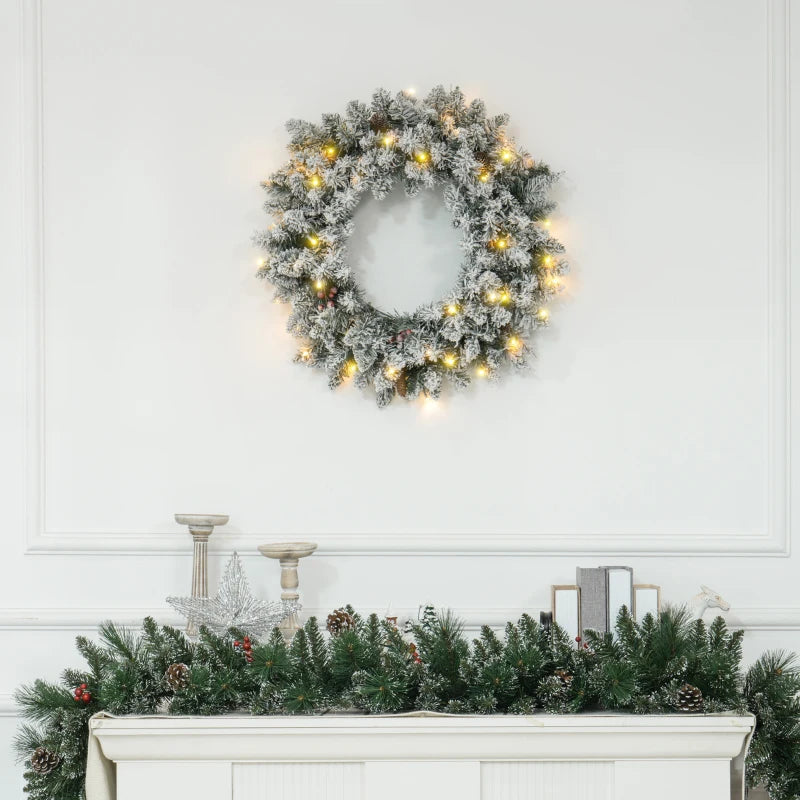HOMCOM 24" Pre-Lit Artificial Christmas Wreath – Green Spruce with Cones, Red Berries & 20 LED Lights, Battery Operated 