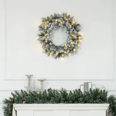 HOMCOM 24" Pre-Lit Artificial Christmas Wreath – Green Spruce with Cones, Red Berries & 20 LED Lights, Battery Operated 