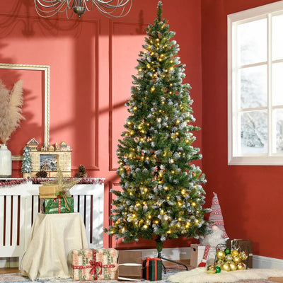 HOMCOM 7.5ft Decorated Skinny Pre-Lit Artificial Christmas Tree – Snow-Dipped Branches with Pinecones, Auto Open Design 