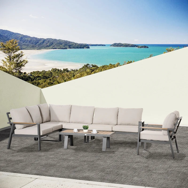 Outsunny 6-Piece L-shaped Patio Furniture Set for 7, Aluminium Conversation Set Sectional Corner Sofa Set with Widened Seat, Teak Wood Top Coffee Table & Cushions, Cream White