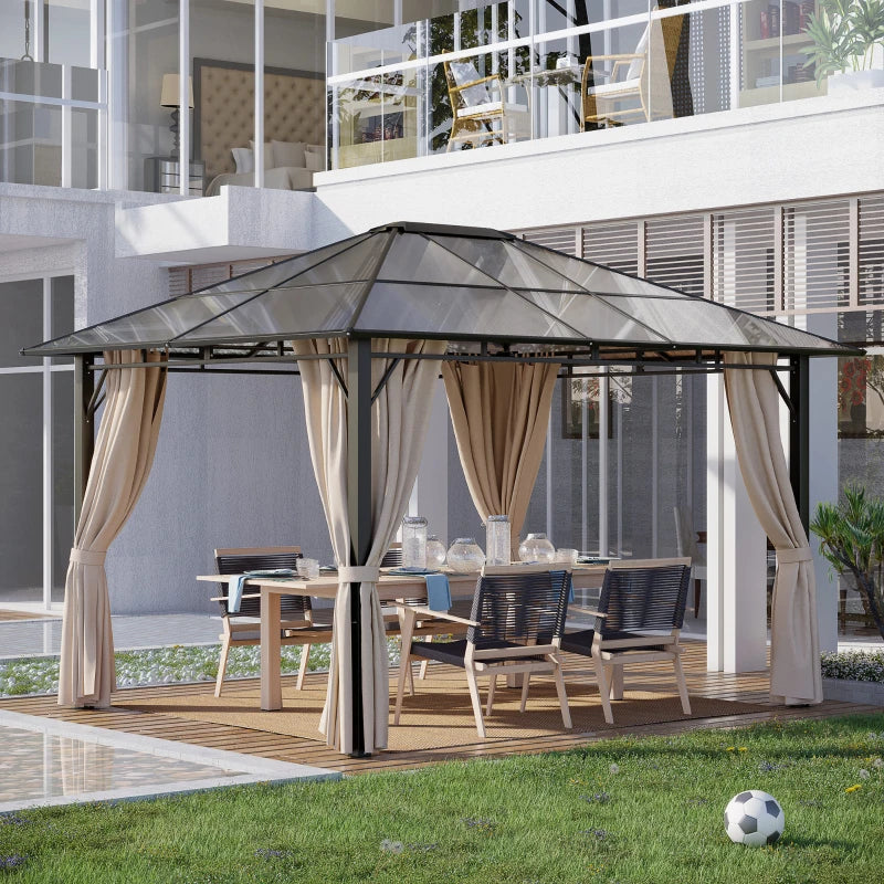 Outsunny 10' x 12' Outdoor Hardtop Gazebo with Polycarbonate Panel Roof, Garden Deluxe Pavilion Canopy BBQ Sunshade Shelter with Removable Curtains