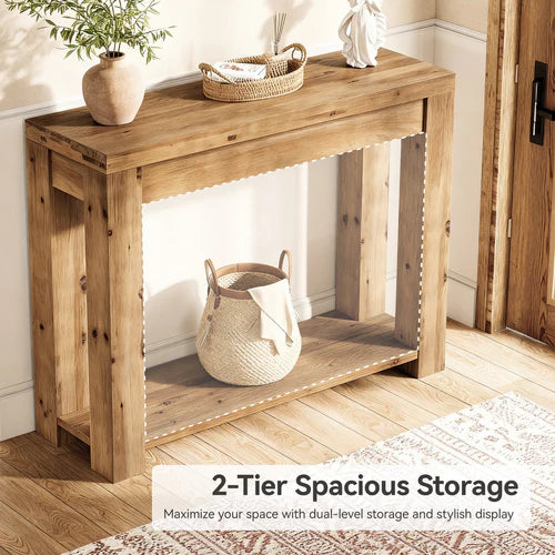 43.31" Solid Wood Console Table 2-Tier Farmhouse Narrow Entryway Sofa Table with Thick Top for Living Room Hallway Rustic Natural